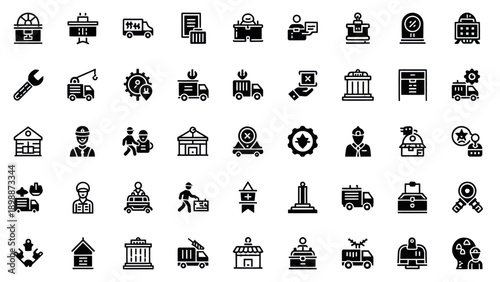 Logistics and Delivery Icons Set: Truck, Warehouse, Package, Map Pin, Tools, People