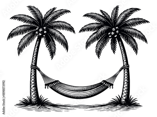 Engraved style hand drawn illustration of palm trees and a hammock depicting a tropical beach vacation for summer travel and relaxation