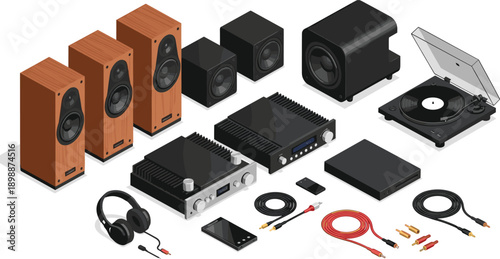 Isometric home audio equipment icon set with speakers, turntable, cables, and amplifiers, vector illustration, editable design