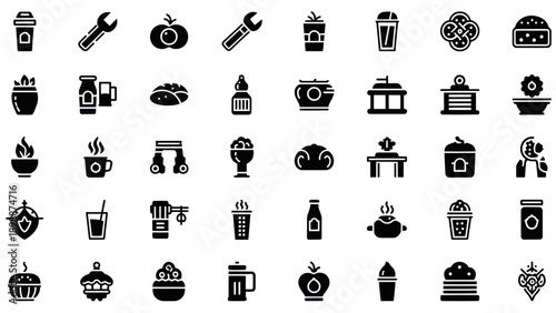 Food and Drink Icons Set: Coffee, Burger, Wrench, Tools, Fruit, Desserts, Cooking