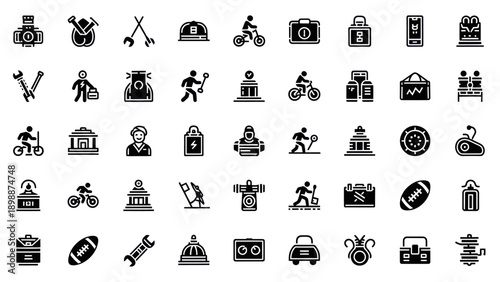 Icon Set: Tools, Sports, Buildings, People, and Technology Icons