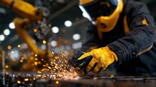 A skilled worker in protective gear performs welding tasks in an industrial facility, illustrating craftsmanship and the dynamic energy of modern industrial labor and technology.