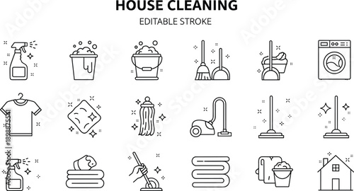 House cleaning icon set, editable stroke graphics, sparkle tools and supplies, vacuum mop spray bucket cloth towel symbols