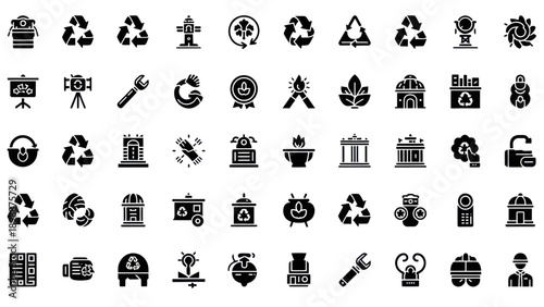 Eco-friendly Icons Set: Recycle, Green Energy, Sustainability, Technology, and Business