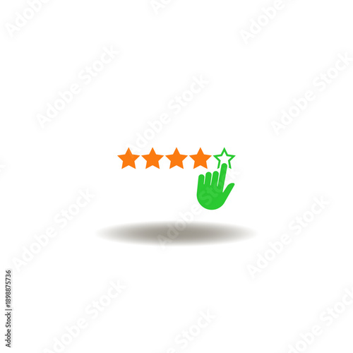 Vector illustration of hand gesture clicks five star rating. Symbol of customer experience. Icon of client satisfaction.