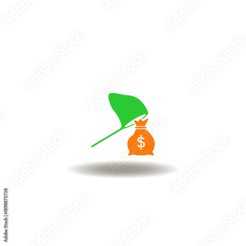 Vector illustration of catching butterfly net catches and covers money bag. Symbol of SIP Systematic Investment Plan.