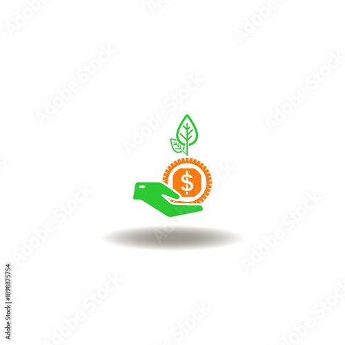 Vector illustration of hand hold coin dollar cash with green sprout grow. Symbol of grant funding. Icon of investments.