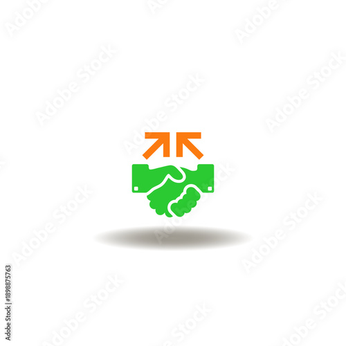 Vector illustration of handshake with arrows pointing towards each other. Icon of business agreement and negotiation. Symbol of merger and acquisition.