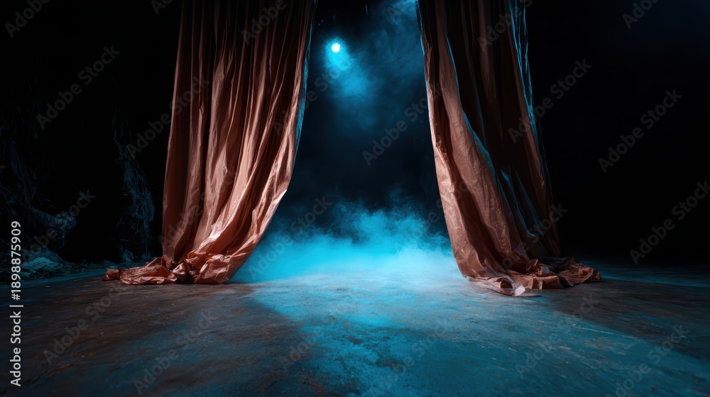 Fototapeta premium The image features parted stage curtains illuminated by mystical blue lighting and fog, creating a theatrical atmosphere that evokes anticipation and excitement for an upcoming performance.