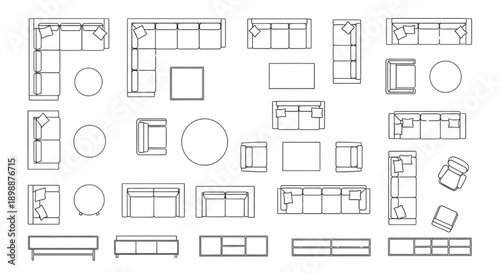 Vector Top View Living Room Furniture Set Featuring Modular Sofas and Tables Line Art