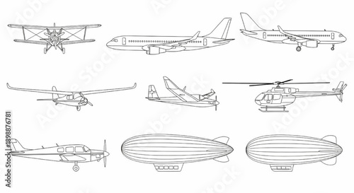Vector Set of Aircraft Elevations Featuring Airplanes, Helicopters, Balloons, Jets, choppers and Blimps in Line Art