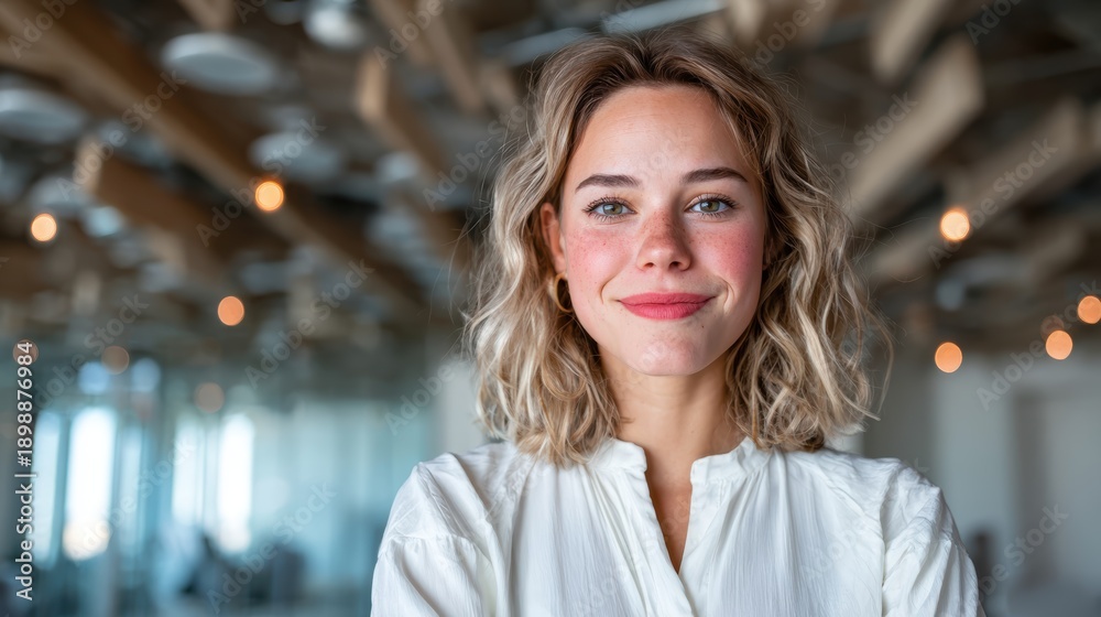 Obraz premium A young woman with a radiant smile showcases confidence and joy against a contemporary background, embodying positivity and success in a stylish and modern environment.