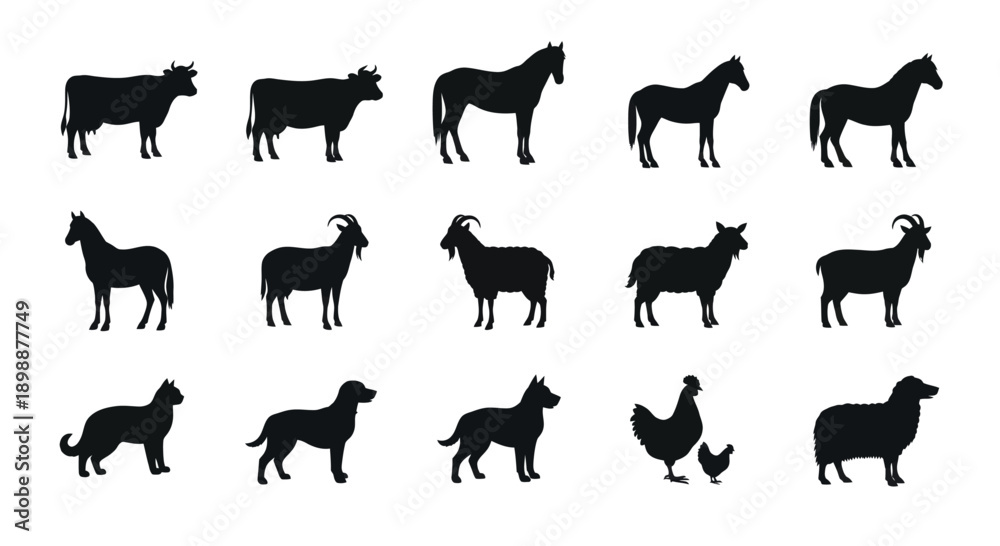 Fototapeta premium Black silhouettes of farm animals and pets on white background