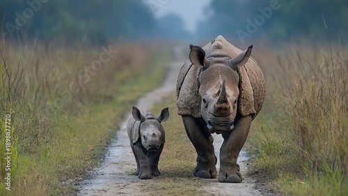 indian rhino calf walking with parent in kaziranga park video