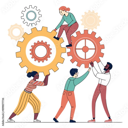 Diverse team working together to align gears in perfect harmony