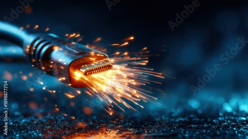 An electrifying close-up of an Ethernet cable emitting sparks, showcasing the dynamic energy of technology and connectivity in a visually striking manner.