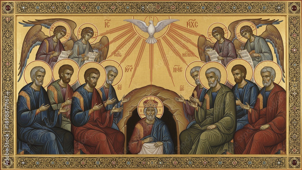 Fototapeta premium Divine descent of Holy Spirit on Apostles and angels during Pentecost. Religious icon art for spiritual church message.