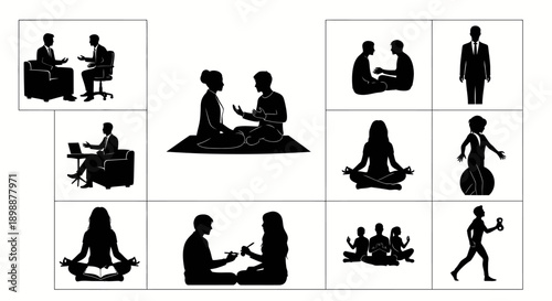 Silhouettes of people in various professional and casual settings