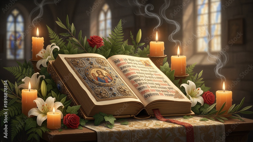 Fototapeta premium Open Bible with an angel illustration, candles and flowers in an old church setting. Religious concept for Christian faith and prayer.