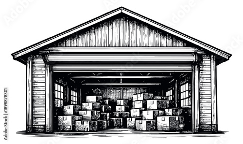 Hand drawn line art illustration of a warehouse depicting stacked boxes for logistics
