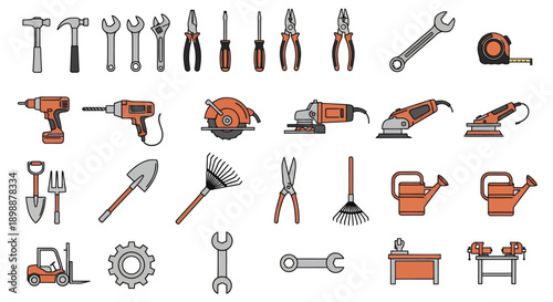 Collection of various hand and power tools for construction and gardening