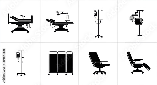 Medical equipment and office furniture icons in black