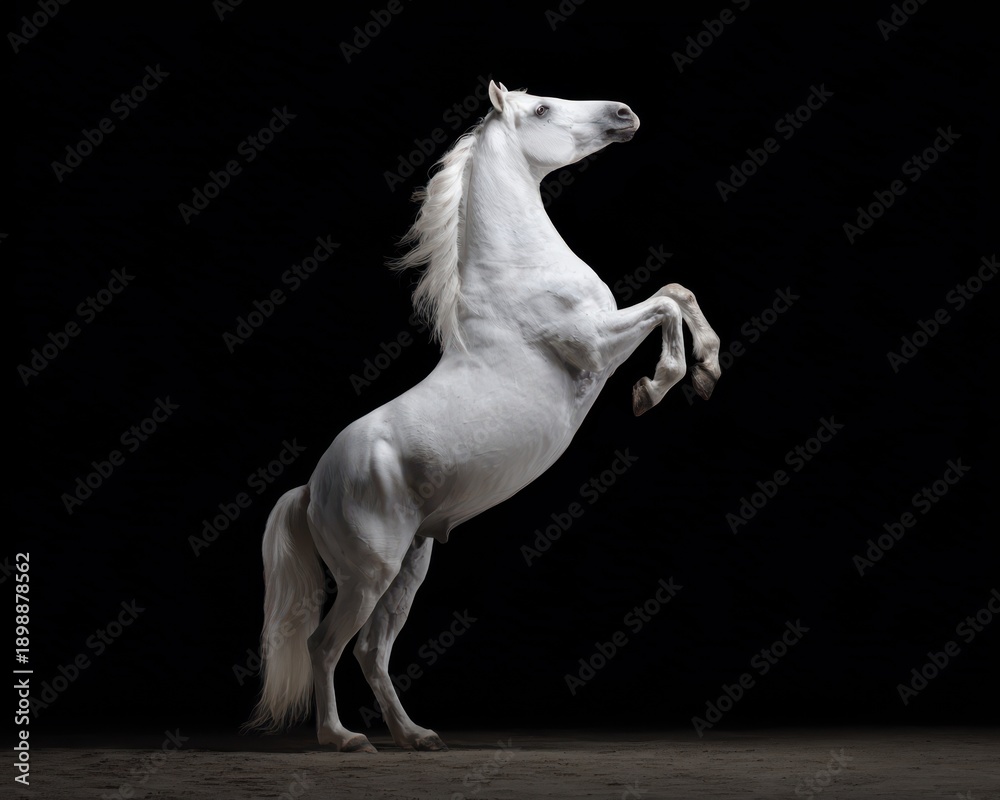 Fototapeta premium beautiful white horse rearing up on a black background