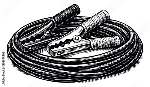 Hand drawn line art illustration of jumper cables depicting a coiled pair for automotive emergency