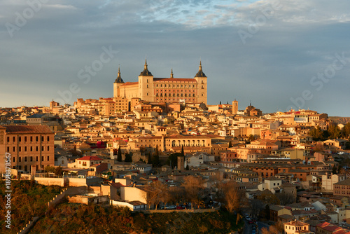 Aerial View of Toledo with Alcázar at Sunset