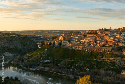 Historic Town on Hill at Sunset with River View