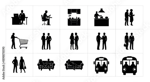 Silhouette icons of people in business and daily life situations