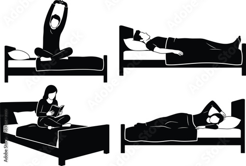 People in bed silhouettes set including sleeping, waking up stretching, and reading book, bedroom furniture and healthy sleep habits vector illustration collection