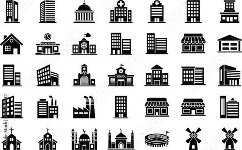Set of architectural building icons including school, hospital, factory, church, and mosque silhouettes for urban city map design and real estate infographics