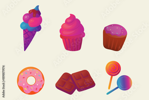 Set of six colorful cartoon-style sweet treats on a light background. Bright, playful design perfect for children’s themes, dessert packaging, party invitations, or educational materials.