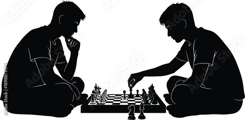 Two young men playing chess strategy game silhouette, male friends sitting on floor competing in intellectual logic battle vector illustration on white background