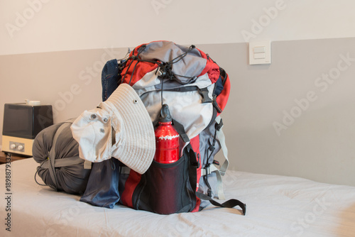 Gray and red backpack for trekking and camping