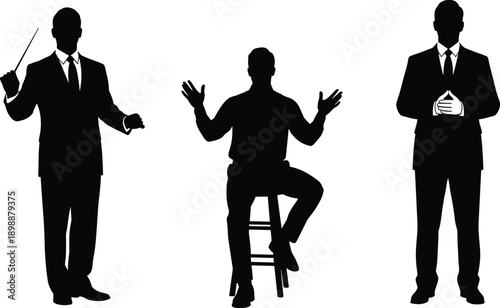 Professional male silhouettes set featuring business leader in suit, music conductor with baton, and man sitting on stool for corporate presentation design