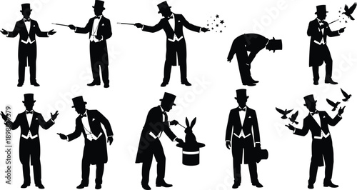 Magician silhouette set featuring performance tricks with magic wand, rabbit in top hat, and birds for entertainment show and circus vector illustration