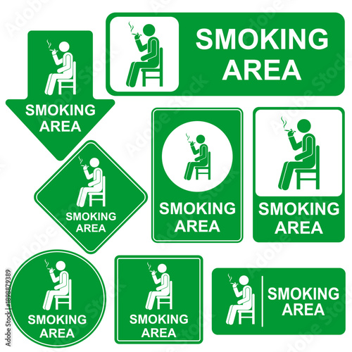 Smoking Area Sign Set Vector Illustration Flat Design Green Designated Zone Information Sticker Collection Isolated Icons for Public Facility Management and Compliance Signage