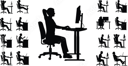 Large set of office worker silhouettes sitting at desks with computers, employees working on laptops, professional people at workstations isolated on white background.
