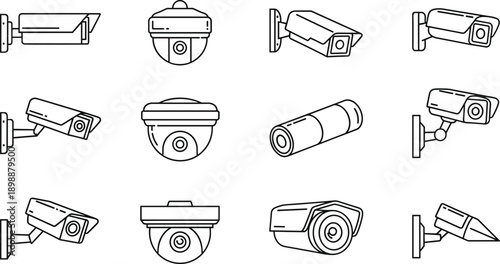 Set of security camera line icons including dome, bullet, and wall mounted surveillance equipment for home safety and professional monitoring systems