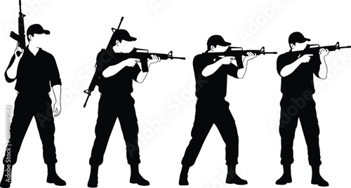 Tactical shooter silhouettes set featuring men in various combat firing stances holding rifles for military training, security force, and action sports vector