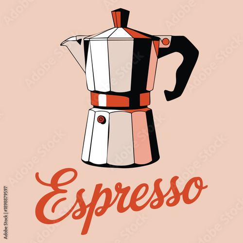 Moka pot espresso maker retro style vector illustration coffee poster in warm orange and pink tones for kitchen decor cafe menu coffee shop branding