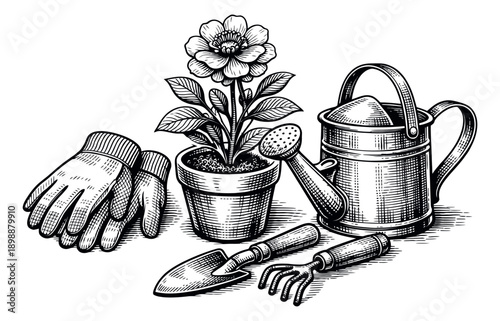 Hand drawn line art gardening tools set featuring gloves, potted flower, watering can, trowel, and rake for horticulture activities