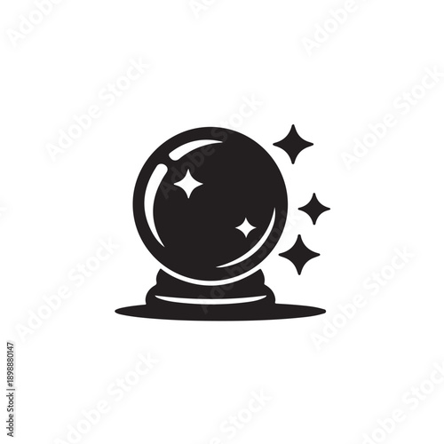 Crystal ball silhouette icon with magic sparkles and mystical symbols