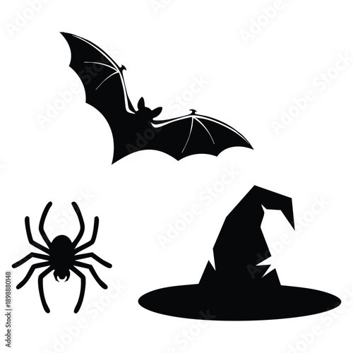 Hand drawn Halloween design elements set featuring silhouette bat spider and witch hat suitable for greeting cards spooky decor seasonal artwork and festive print designs