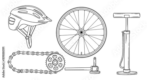 Black and white line drawing of bicycle helmet wheels chain sprocket and hand pump