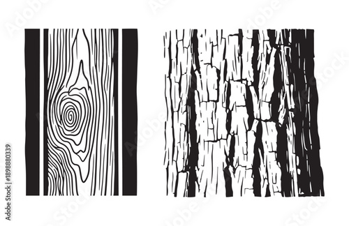 2 hand drawn wood texture doodle panels set with tree rings and bark patterns vector illustration