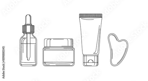 line drawing skincare products dropper bottle jar tubes cosmetic containers