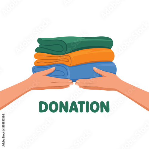 Hand drawn vector illustration donation logo template with hands giving and receiving clothes on a white background including expressive lettering design